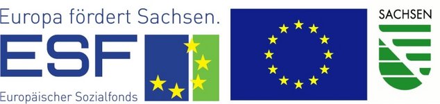 Logo Europäischer Sozialfonds, daneben Europaflagge, daneben Logo Sachsen