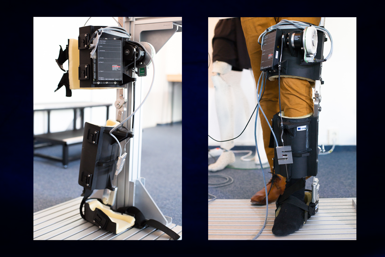 Fotos vom Exosklett Prototyp, links ohne Bein, rechts mit Bein
