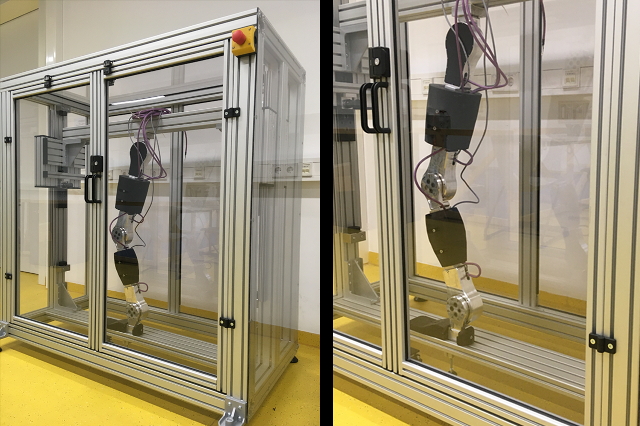 Demonstrator mit Modell des Exoskeletts